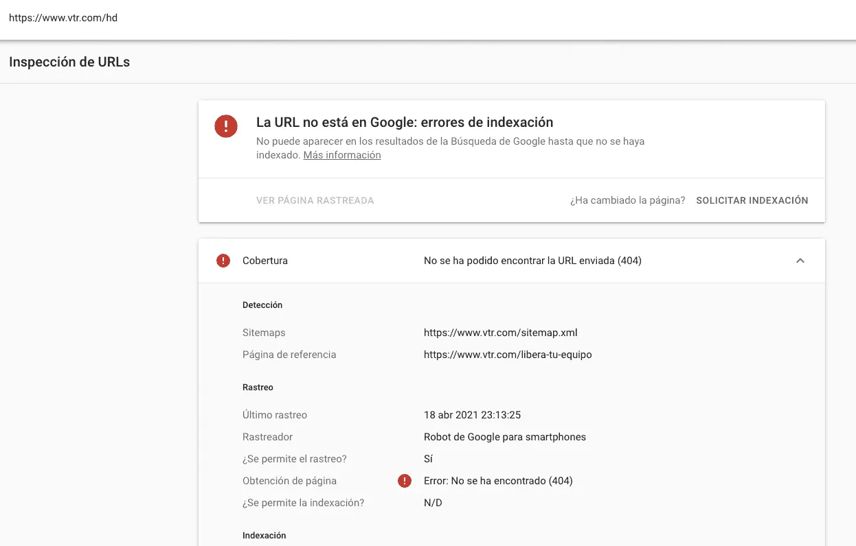 Error de inspección de URL en GSC
