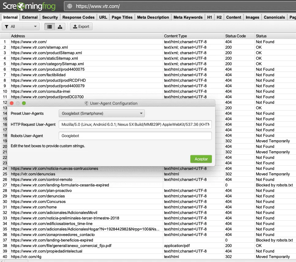 Screaming Frog con códigos 404 simulando Googlebot